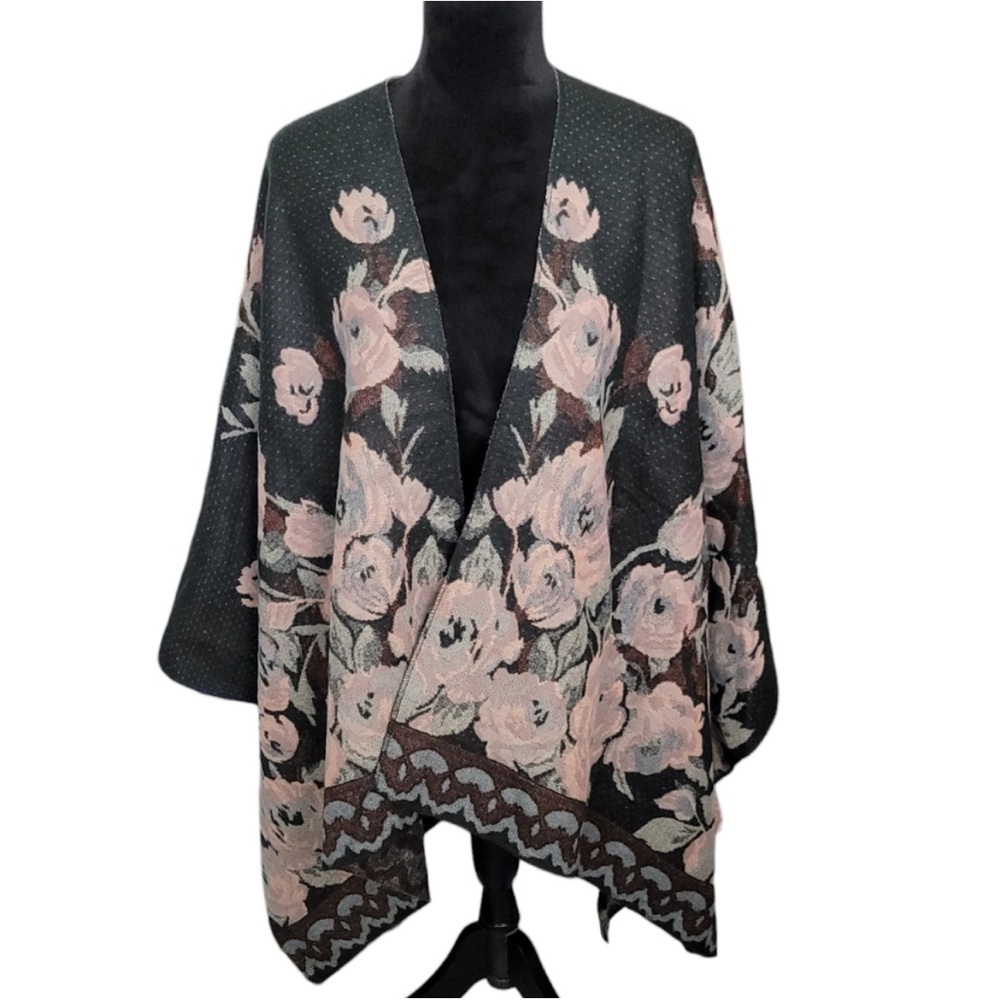 Black & Pink Floral Rose Knit Oversized Poncho Shawl Wrap OS